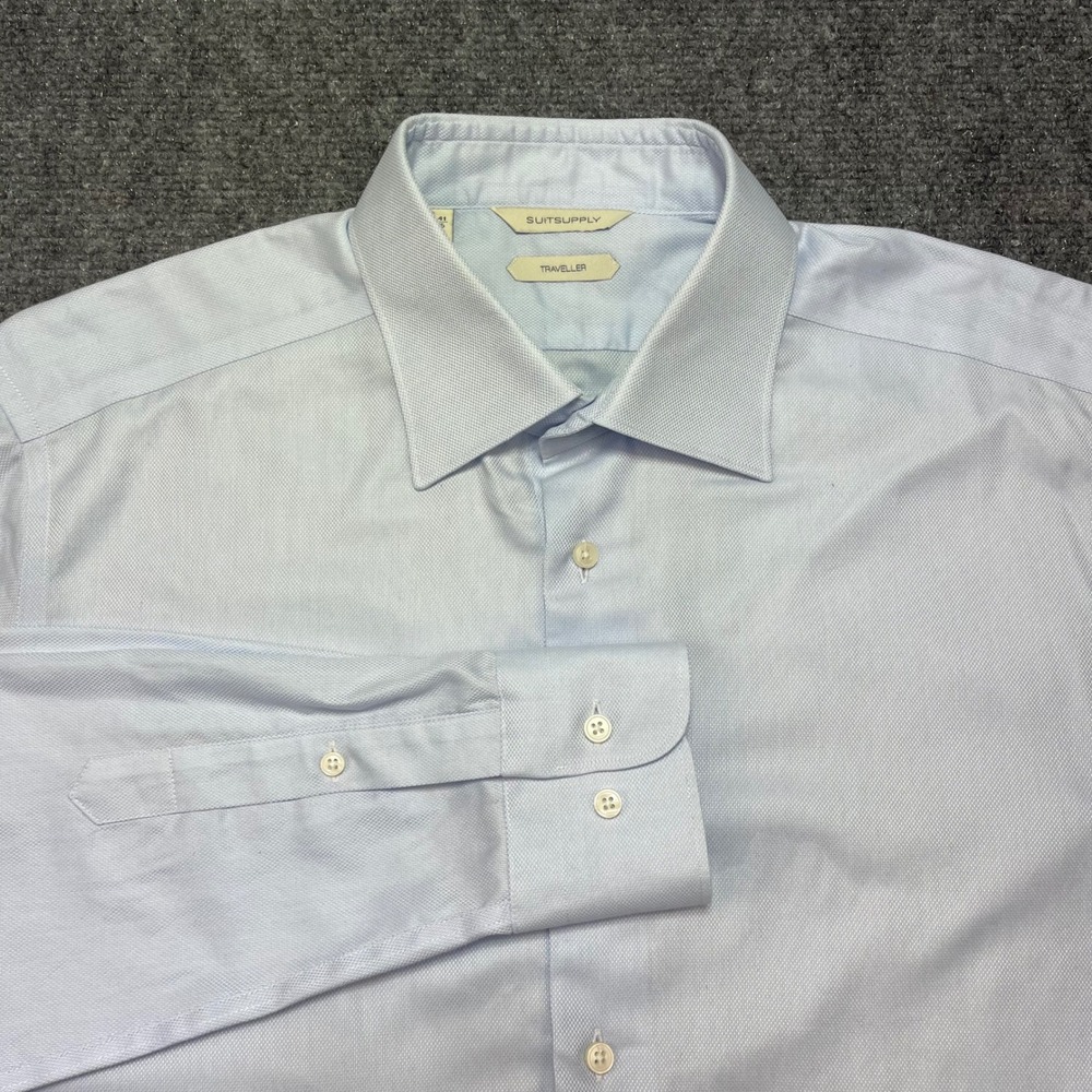 SuitSupply Traveller Shirt Mens 16 41 Slim Fit Light Blue Diamond Weave Dress